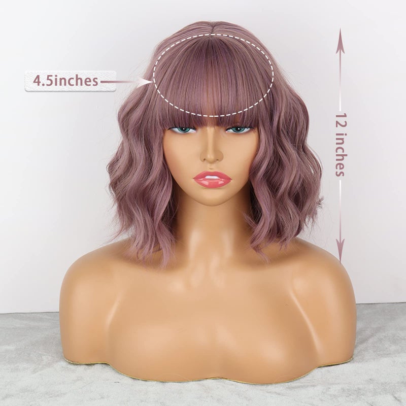 MISSQUEEN Short Wavy Wigs for Women,Synthetic Cute Purple Wavy Wigs with Bangs,14inch Natural Curly Synthetic Women Bob Wig(Purple) - Image 2